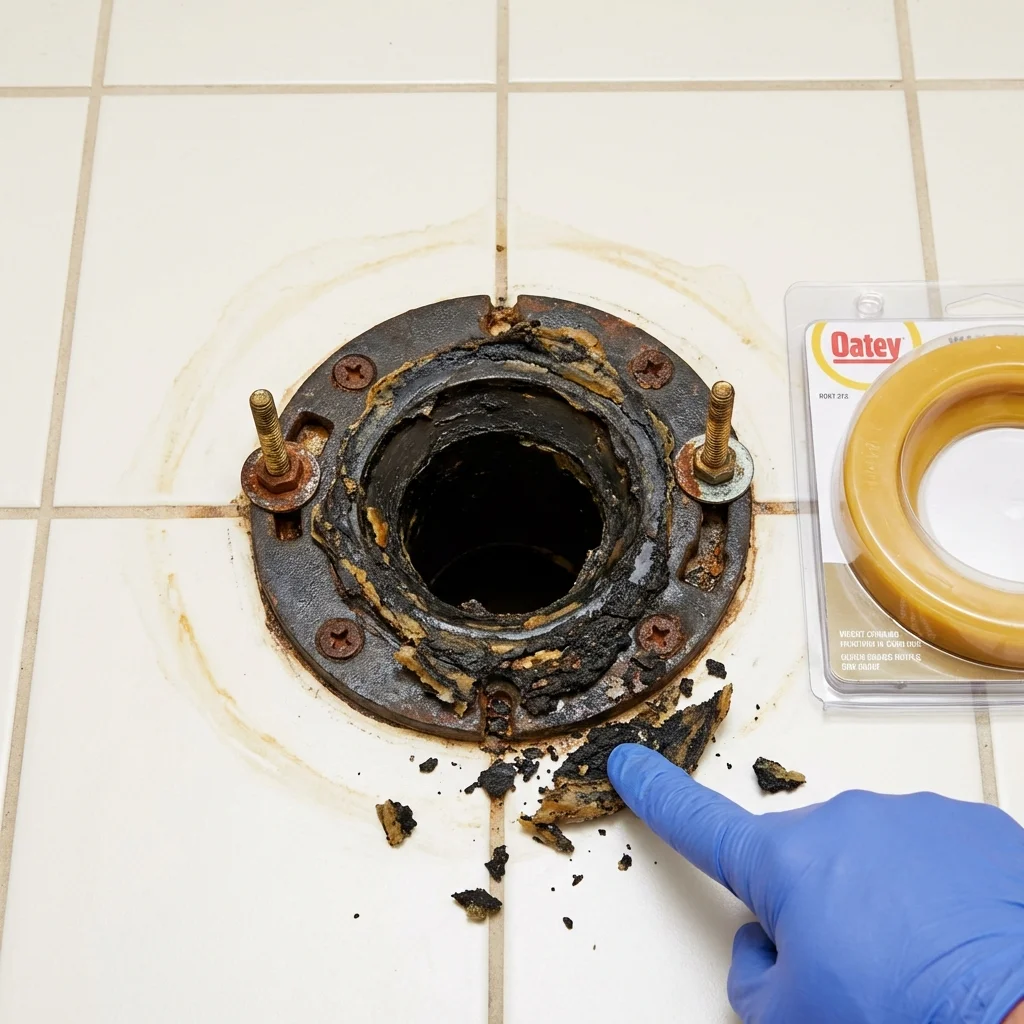 Failed wax ring showing water seepage at the base of a toilet in a Dighton, KS home