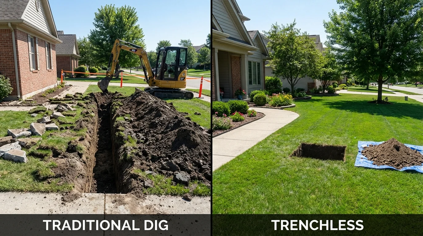 Trenchless sewer repair with minimal yard damage versus traditional excavation in Dighton, KS
