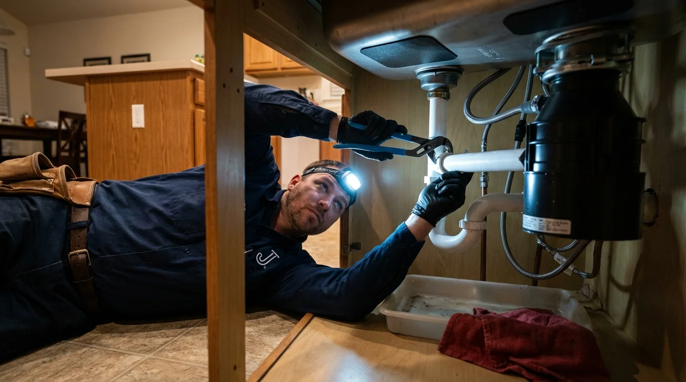 P-trap and supply line connections under a kitchen sink showing a common leak point in Dighton, KS